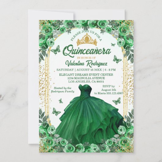 Smaragd Groen Goud Glitter Bloemen Quinceanera Kaart (Voorkant)