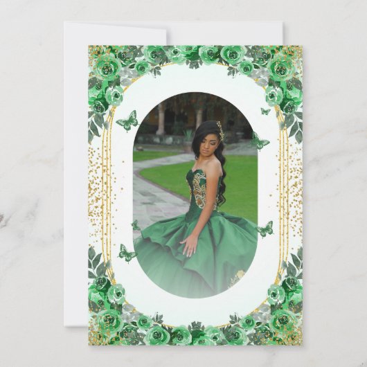 Smaragd Groen Goud Glitter Bloemen Quinceanera Kaart (Achterkant)