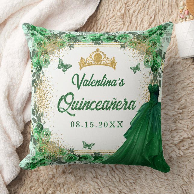 Smaragd Groen Goud Glitter Bloemen Quinceanera Kussen (Deken)