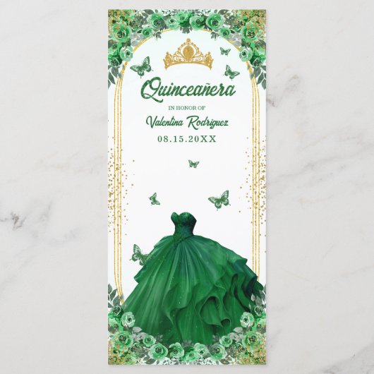 Smaragd Groen Goud Glitter Bloemen Quinceanera Menu (Achterkant)