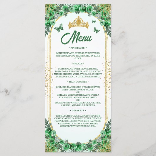 Smaragd Groen Goud Glitter Bloemen Quinceanera Menu (Voorkant)