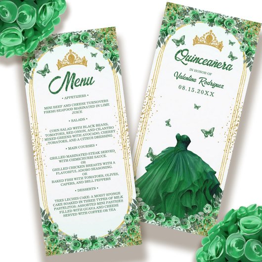 Smaragd Groen Goud Glitter Bloemen Quinceanera Menu