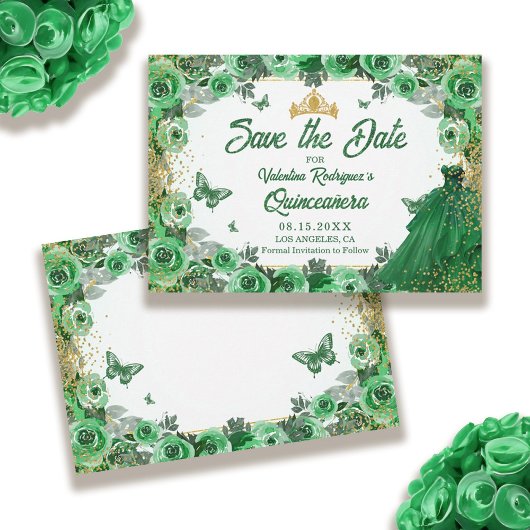 Smaragd Groen Goud Glitter Bloemen Quinceanera Save The Date