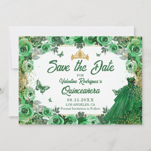 Smaragd Groen Goud Glitter Bloemen Quinceanera Save The Date (Voorkant)