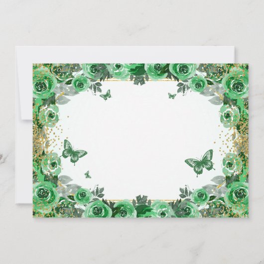 Smaragd Groen Goud Glitter Bloemen Quinceanera Save The Date (Achterkant)