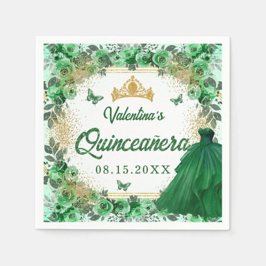 Smaragd Groen Goud Glitter Bloemen Quinceanera Servet (Voorkant)