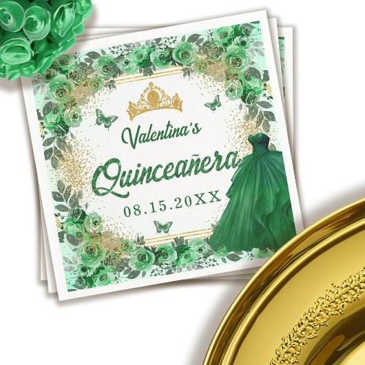 Smaragd Groen Goud Glitter Bloemen Quinceanera Servet
