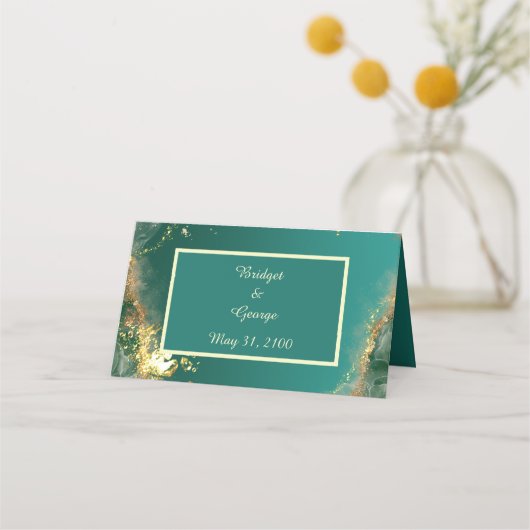 Smaragd groen goud juweel tinten bruiloft plaatskaartje (Achterkant)