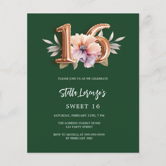 Smaragd groen goud perzik bloemenbudget Sweet 16 (Voorkant)