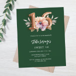 Smaragd groen goud perzik bloemenbudget Sweet 16<br><div class="desc">Een moderne, stijlvolle en glamoureuze uitnodiging voor een Sweet 16. Smaragdgroene achtergrond, versierd met een roze, perzik en paarse waterkleurige bloem. De naam is geschreven met een modern donker roos goudkleurig handschrift. Personaliseer en voeg uw feestdetails toe. Nummer 16 is geschreven met een ballonstijl lettertype, script. 1 vel = 1...</div>