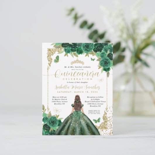 Smaragd Groen Goud Prinses Bloemen Quinceañera Briefkaart (Staand voorkant)