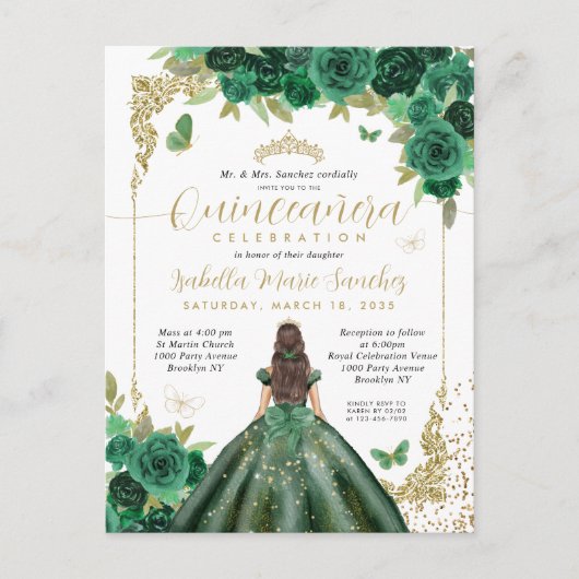 Smaragd Groen Goud Prinses Bloemen Quinceañera Briefkaart (Voorkant)