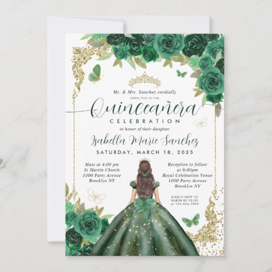Smaragd Groen Goud Prinses Bloemen Quinceañera Kaart (Voorkant)