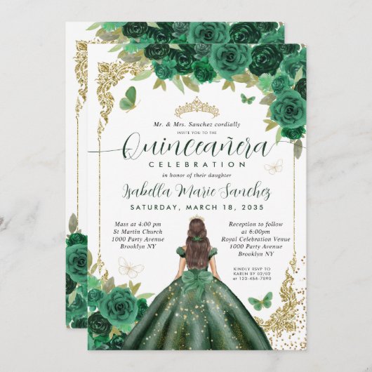 Smaragd Groen Goud Prinses Bloemen Quinceañera Kaart (Voorkant / Achterkant)