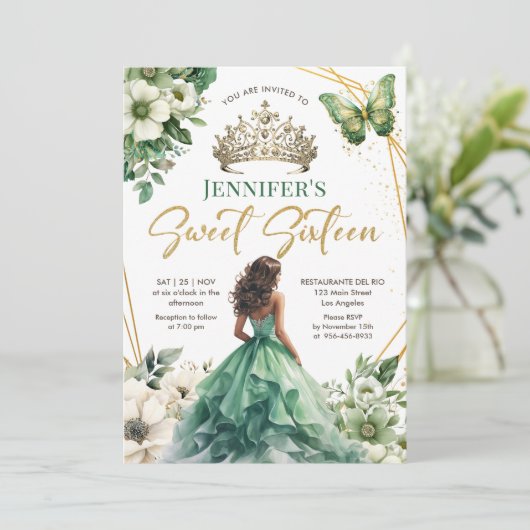 Smaragd Groen Goud Prinses Tiara Bloemen Zoet 16 Kaart (Staand voorkant)