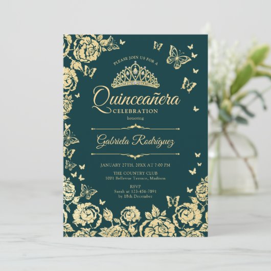 Smaragd Groen Goud Rozen Quinceanera Foto Kaart (Staand voorkant)