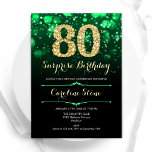 Smaragd Groen Goud Verrassing 80e Verjaardag Kaart<br><div class="desc">Verrassing 80ste verjaardag feestuitnodiging. Elegant smaragdgroen en zwart design met faux glitter goud. Beschikt over stijlvolle diamanten, bokeh-lampen en scriptlettertype. Mannen of vrouwen bday uitnodigen. Perfect voor een stijlvol verjaardagsfeestje voor volwassenen. Personaliseer met je eigen gegevens. Stuur me een bericht als je verder moet worden aangepast. Gedrukte Zazzle-uitnodigingen of direct...</div>