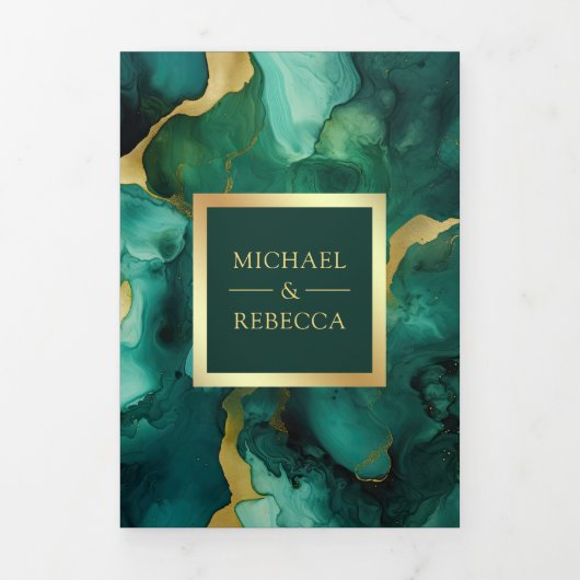 Smaragd Groen Goud Vloeibare Inkt QR Code Bruiloft Drieluik Uitnodiging (Cover)