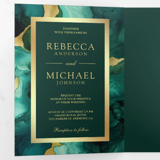 Smaragd Groen Goud Vloeibare Inkt QR Code Bruiloft Drieluik Uitnodiging (Binnenzijde eerst)