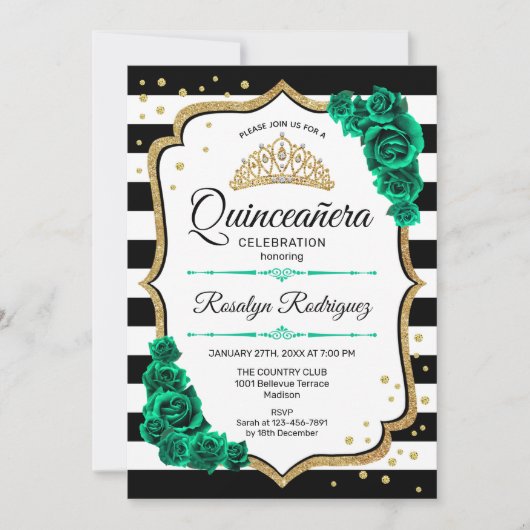 Smaragd Groen Goud Wit Quinceanera Kaart (Voorkant)