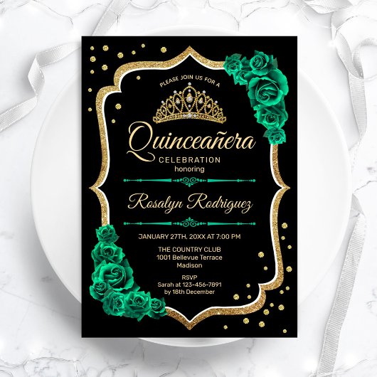 Smaragd Groen Goud Zwart Elegant Quinceanera Kaart
