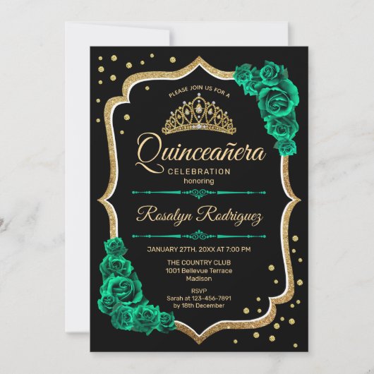 Smaragd Groen Goud Zwart Elegant Quinceanera Kaart (Voorkant)