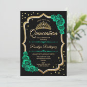 Smaragd Groen Goud Zwart Elegant Quinceanera Kaart (Staand voorkant)