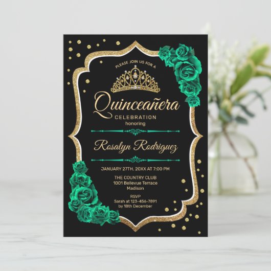 Smaragd Groen Goud Zwart Elegant Quinceanera Kaart (Staand voorkant)
