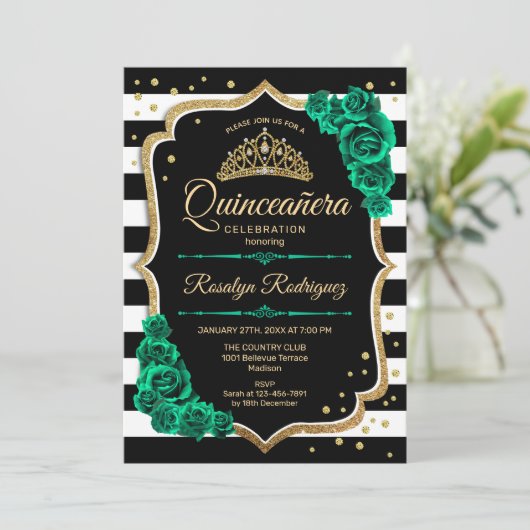 Smaragd Groen Goud Zwart Elegant Quinceanera Kaart (Staand voorkant)