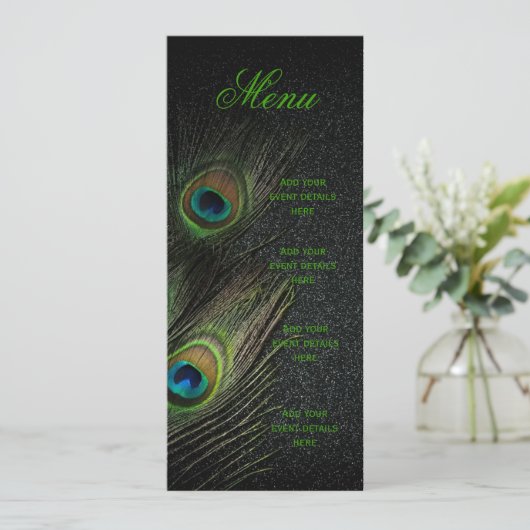 Smaragd Groen Goud Zwart Peacock Bruiloft Menu Kaart (Staand voorkant)