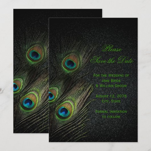 Smaragd Groen Goud Zwart Peacock Sla de datum op Save The Date (Voorkant / Achterkant)