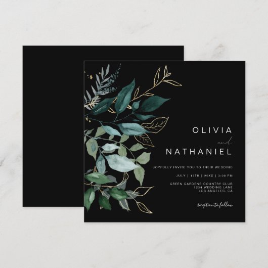 Smaragd groen gouden blad bladeren donker bruiloft kaart (Voorkant / Achterkant)