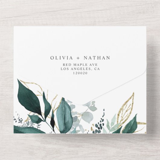 Smaragd groen gouden blad bruiloft alles in één all in one uitnodiging (Achterkant)