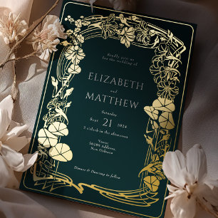 Smaragd Groen Gouden Folie Bloemen Bruiloft Folie Uitnodiging