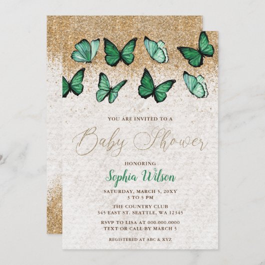 Smaragd Groen Gouden Glitter Vlinder Baby shower Kaart (Voorkant / Achterkant)