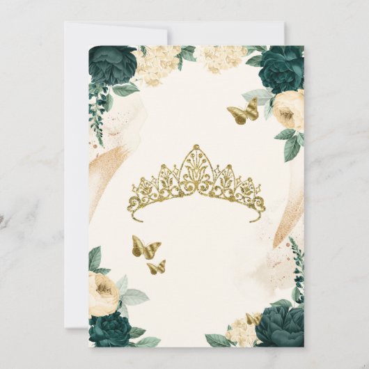 Smaragd Groen Gouden Vlinder Bloemen Quinceañera Kaart (Achterkant)