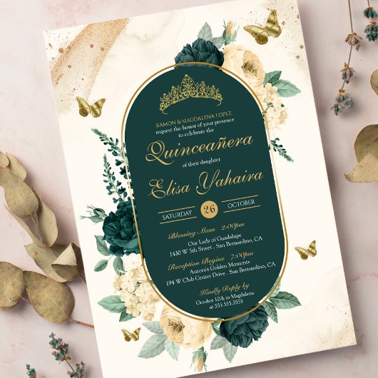 Smaragd Groen Gouden Vlinder Bloemen Quinceañera Kaart