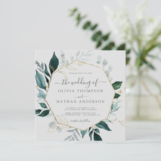 Smaragd groen grijs vierkant gouden blad bruiloft kaart (Staand voorkant)