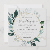 Smaragd groen grijs vierkant gouden blad bruiloft kaart (Voorkant)