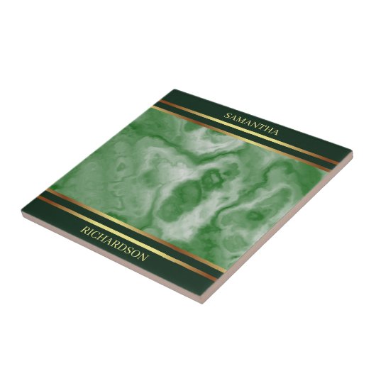 Smaragd Groen Marmer en Gouden Strepen Naam Tegeltje (Zijkant)