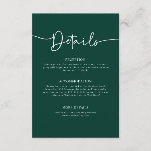 Smaragd Groen Modern Minimale Kalligrafie Bruiloft Informatiekaartje (Voorkant)