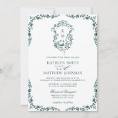 Smaragd Groen Monogram  Crest Bruiloft Kaart (Voorkant)