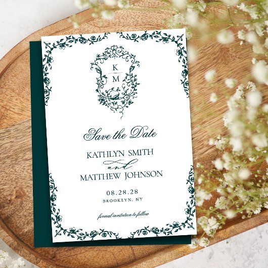 Smaragd Groen Monogram  Crest Bruiloft Save The Date