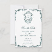Smaragd Groen Monogram  Crest Bruiloft Save The Date (Voorkant)