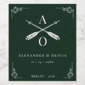 Smaragd Groen Monogram en Pijlen Bruiloft Wijn Etiket (Enkel label)