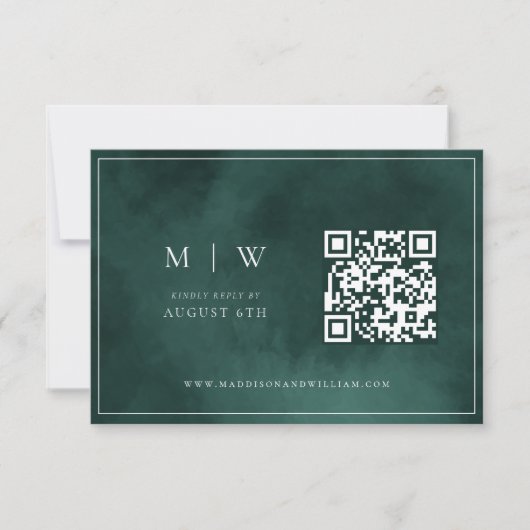 Smaragd Groen Monogram & Grens QR Code Bruiloft RSVP Kaartje (Voorkant)