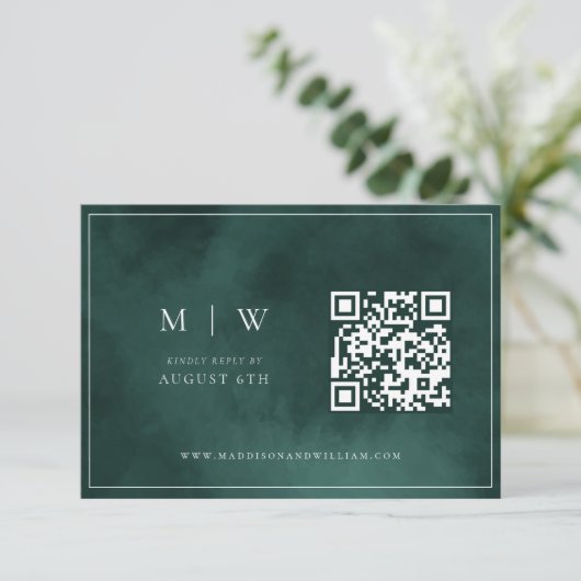 Smaragd Groen Monogram & Grens QR Code Bruiloft RSVP Kaartje (Staand voorkant)