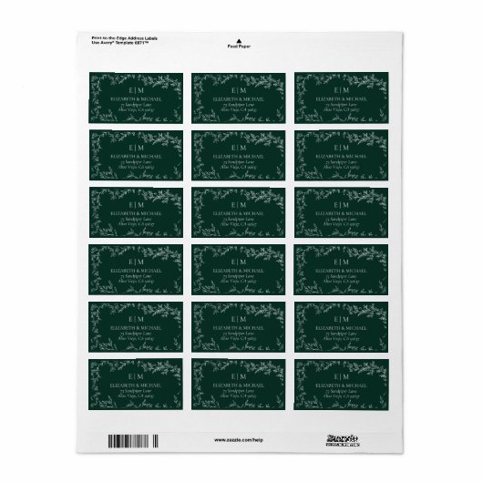 Smaragd Groen Monogram Trouwadres Etiket (Full Sheet)