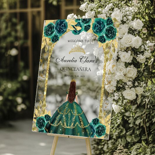 Smaragd Groen Prinses Bloemen Quinceañera Verjaard Acryl Bord