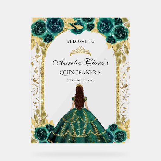 Smaragd Groen Prinses Bloemen Quinceañera Verjaard Acryl Bord (Voorkant)